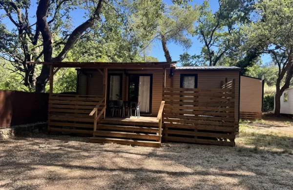 terrasse, vue extérieure mobil-home Premium Estello